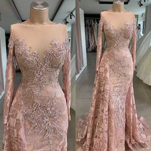 Pink Mermaid Dusty Evening Dresses 2022 Lace Long Sleeves Sequins Beaded Bateau Neckline Sweep Train Custom Made Prom Party Gown Vestidos