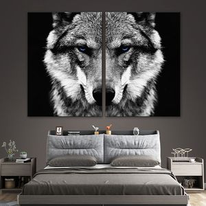 ブラックホワイトウルフヘッドHDプリントキャンバス絵画現代動物の壁アートポスタープリントクールなオオカミの装飾のためのクールなオオカミの写真