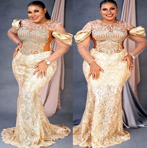 2022 Plus Size Arabic Aso Ebi Gold Sparkly Mermaid Prom Dresses Beaded Crystals Evening Formal Party Second Reception Birthday Engagement Gowns Dress ZJ676