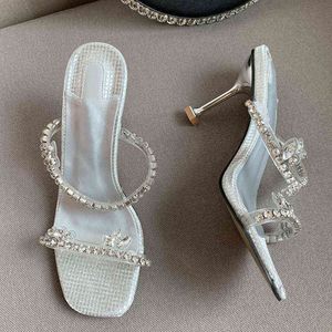 Liyke new Crystal strinestone ПВХ прозрачные тапочки Женщины Слайд -квадратные носки Странные высокие каблуки Свадебные туфли 220530