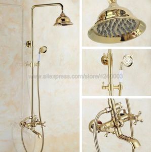 O chuveiro de banheiro conjunto de torneira de latão polido dourado com manivela dupla giratória da banheira de bico de torneira com a parede de parede de parede KGF396bathroom