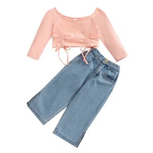 Citgeett Autumn Kids Girls T-shirt And Jeans Suit Fashion Long Sleeves Cropped Tops Split Denim Pants Spring Clothing Set J220711