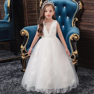 Vestidos de niña White Long Flower Girl Pearl Exquisito Applique Princess Party Party Catwalk Night Gnows Middle Child Dress Weddinggirl's