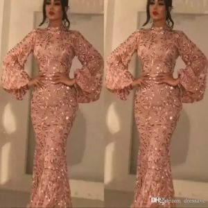 Long Poet 2022 Sleeves Prom Dresses High Neck Sparkly Sequins Applique Mermaid Floor Length Evening Formal Wear Party Gowns Vestidos Custom Made