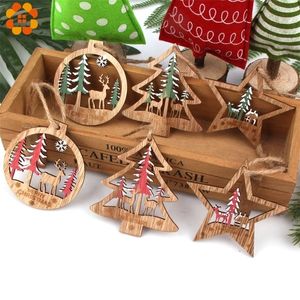 6PCS Vintage Hollow Stampato Natale StarTreeBall Ciondoli in legno Ornamenti Artigianato in legno Decorazioni per l'albero Y201020