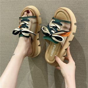 Thick Soled Slippers Leather Outer Wear Heighten Fashion And Comfortable Outdoor Personality Tie Casual Shopping Sandals