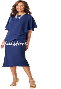 Summer Pink Blue Mother Of The Bride Dresses 2022 Chiffon Tea Length Short Sleeve Wedding Guest Dress For Groom Mom Elegant African Women Party Evening Dress Midi