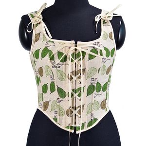 Women Corset Crop Tanks Fashion Linen Leaves Printed Tupe Tops Vintage Plastic Boned Overbust Bustier Camis Cyber Baby Tee Gothic Ropa Fairycore XXS-3XL