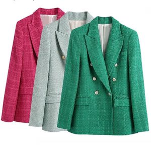 BlingBlingee Spring Women Traf Jacket Ornate Button Tweed Woolen Coats Female Casual Thick Green Blazers Blue Outerwear 220402