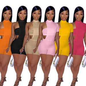 Fashion Women Tracksuits 2 Two Piece Outfits Set Sexy Wrapped Chest Irregular Short Sleeve Shorts Romper Suit Nightclub Plus Size Clothing