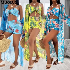 Long Sleeve 3 Piece Bikini Set Cover Up Swimwear Women Print Beach Wear High Waist Shorts Bandage Swimsuit Bathing Suit 220608