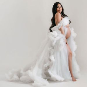 Vit Prom Klänningar för gravida kvinnor Elegant Maternity Dress Ruffled Front Split Tiered Baby Shower Crows