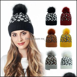 Berretti Cappelli Accessori Bambino Bambini Maternità Leopardo Cappello lavorato a maglia Pompon Palla di pelliccia Donna Inverno Primavera Autunno Scaldino Berretto di lana lavorato a maglia Dhhgw