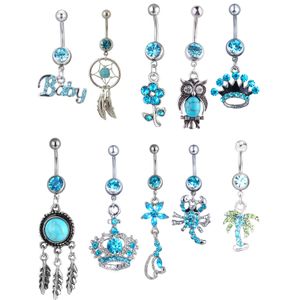 YYJFF AQ10-001 Bauchnabelpiercing, Mix 10 Stile, Aqua.Farben, 10 Stück, Krone, Traumfänger, Eule