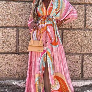 Bikini Coinps Boho Print Long Dress Self Belted Seksowna tunik