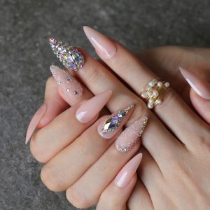 UV UV brilhante longa estiletto nu unhas falsas cristalils falsas unhas fosco de pele nua de pele diy unhas unhas de caviar abd 220725