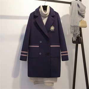 Klassisk kappa lång mode Slim Wool Coat Wide-mist Office Lady Solid V-ringning Applique Women Coat Spring Dark Blue 201215