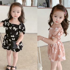 Summer Girls Suit Bow Tie Printing Square Neckline Blouse Shorts 2Pcs Toddler Baby Kids Clothes Children Clothing Sets 220620