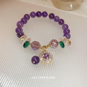 Braccialetti con ciondoli Temperamento dolce Nicchia Braccialetto viola elastico in stile cinese Viola Cristallo Zircone Agata Gioielli rotondi Regalo da donnaFascino Inte