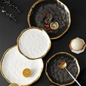 Nordic ceramic plate Fruit salad Dessert christmas plates gold plates black porcelain dinner sets Party round trays decorative 220307