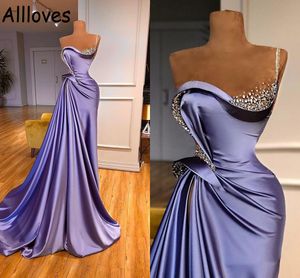 Sparkle Crystals Silk Satin Prom Dresses Elegant Sheer Neck Ruched Beads Mermaid Evening Party Gowns Sexy High Slit Sweep Train Formal Wear Robe de Soiree CL0308