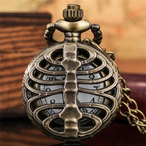 Steampunk-Uhren, halber Jäger, Totenkopf-Knochengehäuse, Unisex, Quarz-Taschenuhr, arabische Zahlenanzeige, mit 80 cm langer Halskette