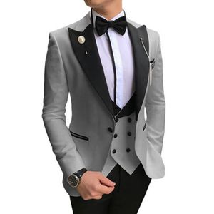 Brand New Light Grey Groom Tuxedos Black Peak Lapel Groomsmen Mens Wedding Dress Style Man Jacket Blazer 3 Piece Suit Jacket Pants Vest Tie 881