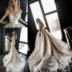 2022 Luxurious A Line Wedding Dresses with Detachable Train Arabic Dubai Off the Shoulder Long Sleeves Lace Wedding Bridal Gowns bA9641