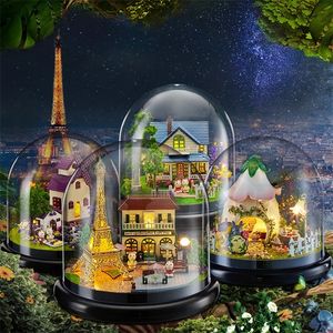 Cute Room DIY Dollhouse Transparent Cover Mini House Toys For Children Doll Houses Casa Miniature DIY Dollhouse With Furnitures LJ201126