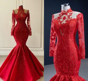 Rotes Meerjungfrau-Abschlussballkleid mit Applikationen, Abendkleid 2022, echtes Bild, hoher Ausschnitt, Illusion, langärmliges Spitzenkorsett, Prinzessin-Trompetenkleid