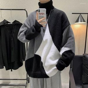 Suéter masculino retalhos coreano moda roupas homens gola alta streetwearmens camisola inverno manga longa perf22