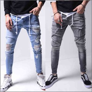 Męskie Hip-Hop High-End Tight Tight Slim Fit Ripped Dżinsy Dla Mężczyzn Streetwear Spodnie z otworem Design Małe stopy męskie Jean Patalon Homme G0104