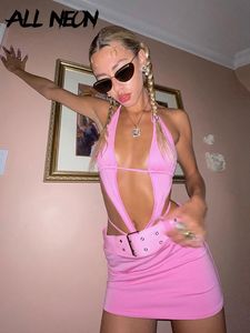 Allneon Cyber ​​Y2K Aesthetics Pink Deep V Bandage Halter Dresses 2000s Clubwear Sexig Backless Belted Hollow Out Party Dress Rave 220521