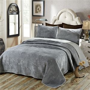 Plush Cotton Quilt Set 3PCS Palm Leaves Embroidery Quilted Bedspread Bed cover sheets Pillowcase Coverlet King Size Y200417