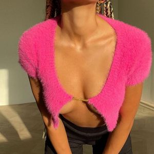 Women's Blouses & Shirts 2022 Furry Knit Tops And Women Short Sleeve Metal Chain Open Front Crop Summer Club Sexy Elegant Female