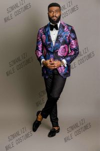 2022 Terno Masculino Slim Male Dress Purple Floral Formal Bröllop Mens Suits Groom Tuxedos Prom kostymer för män Party Blazer Pant