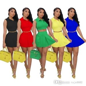 Women Two Piece Dress Set Outfits Designer Casual Clothing Sexy Sleeveless Polo Collar Suits 2022 Summer Skirt Sets