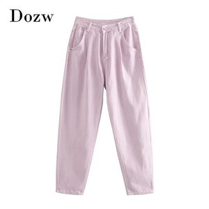 Calça de harém de cintura alta cor de cor rosa Lady Pleated Casual Troushers Loose