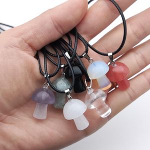 Natural Stone & Glass Pendant Mushroom Crystal Necklace Amethyst Quartz Chakra Pendulo Healing Jewelry