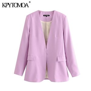 KpyTomoa Moda Moda Office Wear V Neck Blazer Coat vintage Manga longa para trás Tents Bolsões fêmeas