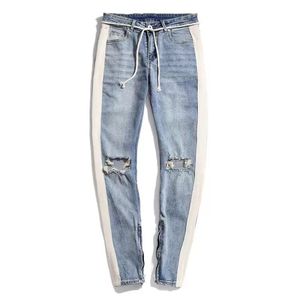 Jeans de folga de jeans lateral lateral lateral zíper designer insurto buraco quebrado buraco preto hip hop sportswear elástico cintura calças coagulação da moda