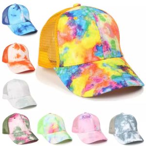 Sommerpartyzubehör Krawatten-Dye-Pferdeschwanzhüte 6 Farben Mesh Hollow Messy Baseball Cap Trucker Hut schnell Senden