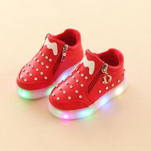 Athletic & Outdoor Rhinestone Leather Girls Casual Shoes LED Glowing Children's Sneakers Flashing Lighted Kids For Toddler Girl ZipAthletic