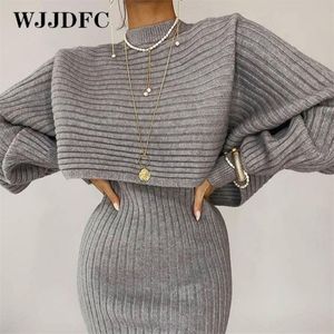 Mulheres elegantes Slim Duas peças conjuntos de suéter feminino Ensembro de malha de cintura alta de inverno de inverno femme vestidos médios longos 220719