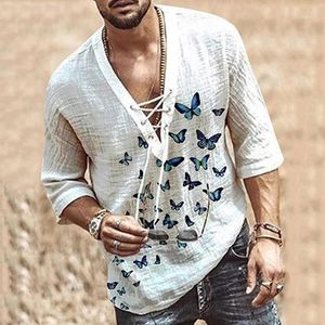 T-shirt da uomo Harajuku Coreano Moda Uomo Vintage Casual Manica lunga Oversize Top Camisa Scollo a V Boho Style Top T Shirt Per