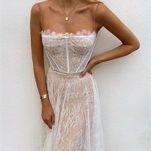 Sexig vit spets sommar kvinnor maxi klänningar elegant spaghetti rem backless mesh kvinnlig lång vestidos 220426