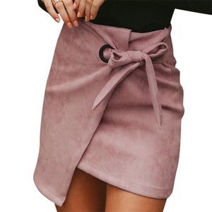 Asymmetrical sash knotted suede skirt women High waist sexy split winter skirt Autumn casual leather skirt female 210306