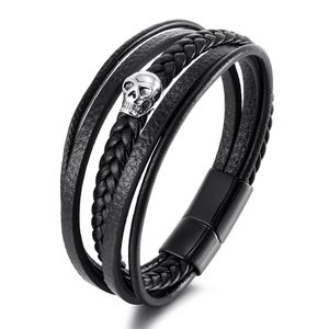 Skórzana bransoletka ze skórą Czaszka dla mężczyzn Skelton Link Chain Oryginalna liny Wristband Bangle ze stali nierdzewnej Gothic Punk Biżuteria Zapięcie magnetyczne