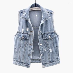 Women's Vests Short Denim Vest Women 2022 Spring Autumn Fashion Sleeveless Jacket Loose Plus Size Hole Jeans Waistcoat Ladies Tops G301