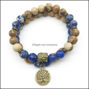 Perlenstränge Armbänder Schmuck Sn1281 Trendy Designer Buddha Kopf Armband Set Bild Jaspis Dunkelblau Regalit Baum des Lebens Natur Sto